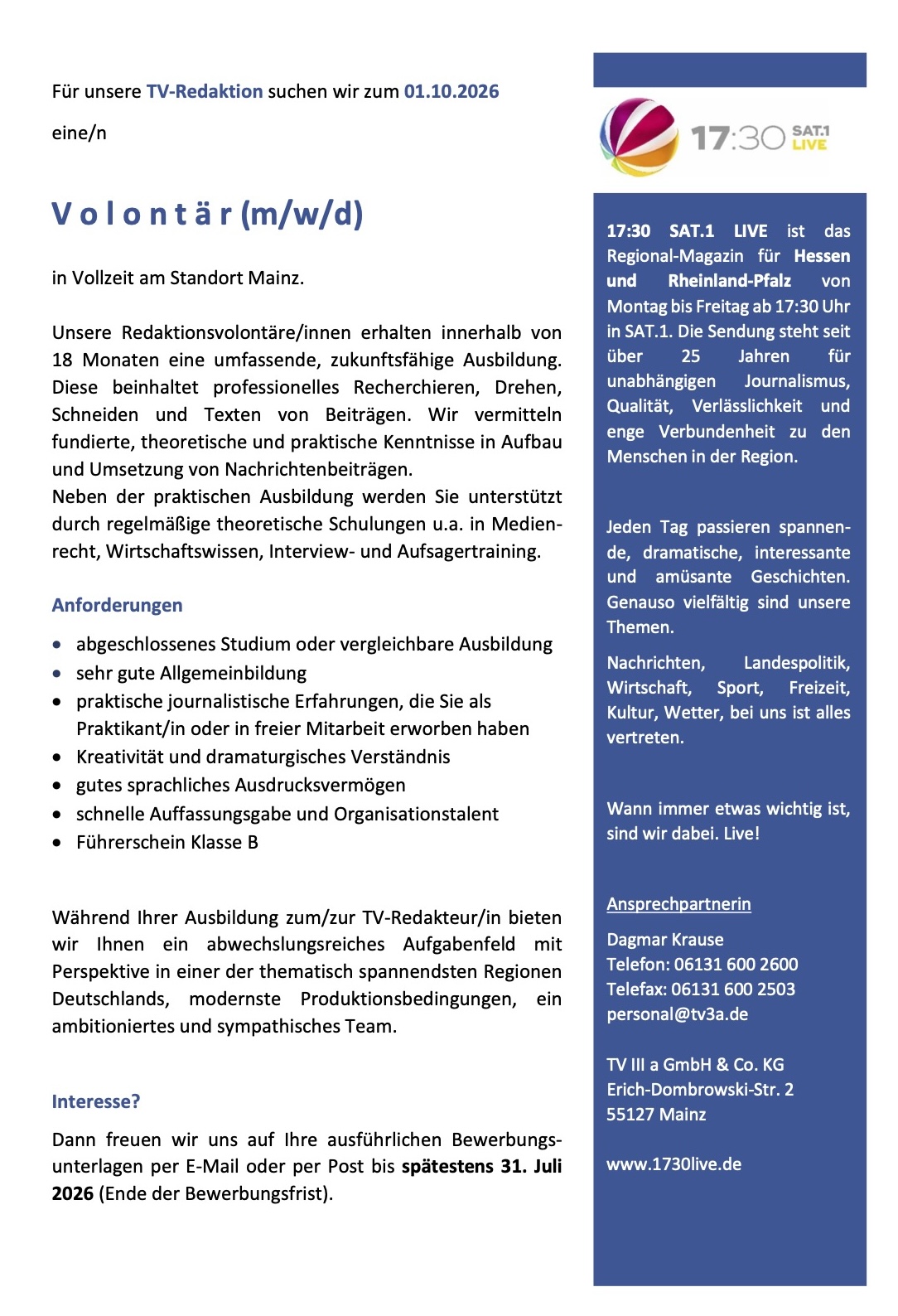 Volontär (m/w/d) zum 01.10.2026