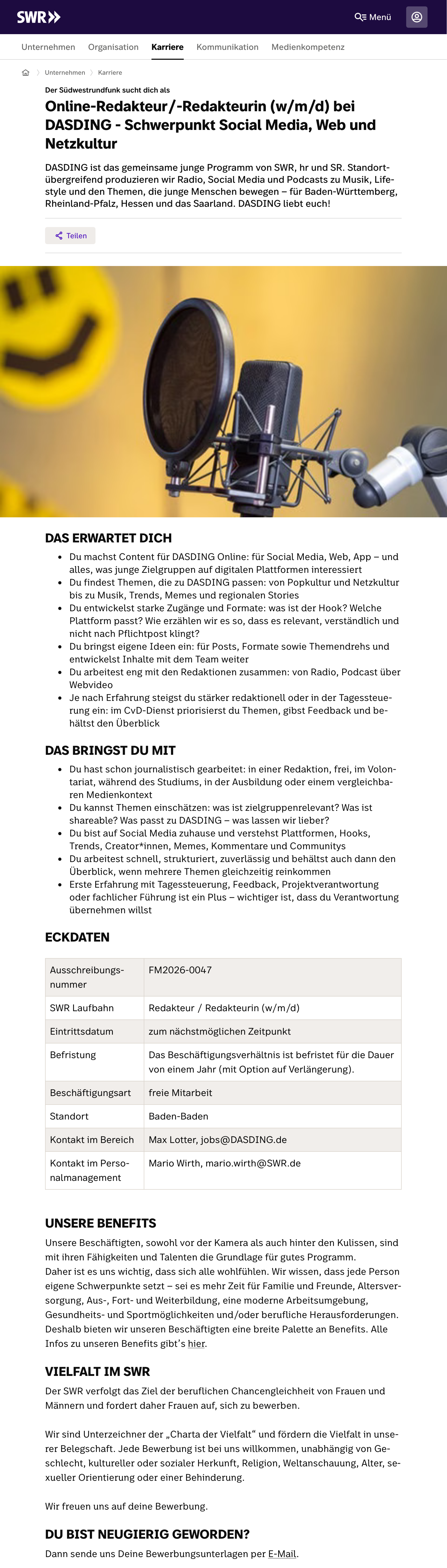 Online-Redakteur/-Redakteurin (w/m/d) bei DASDING - Schwerp. Social Media, Web + Netzkultur