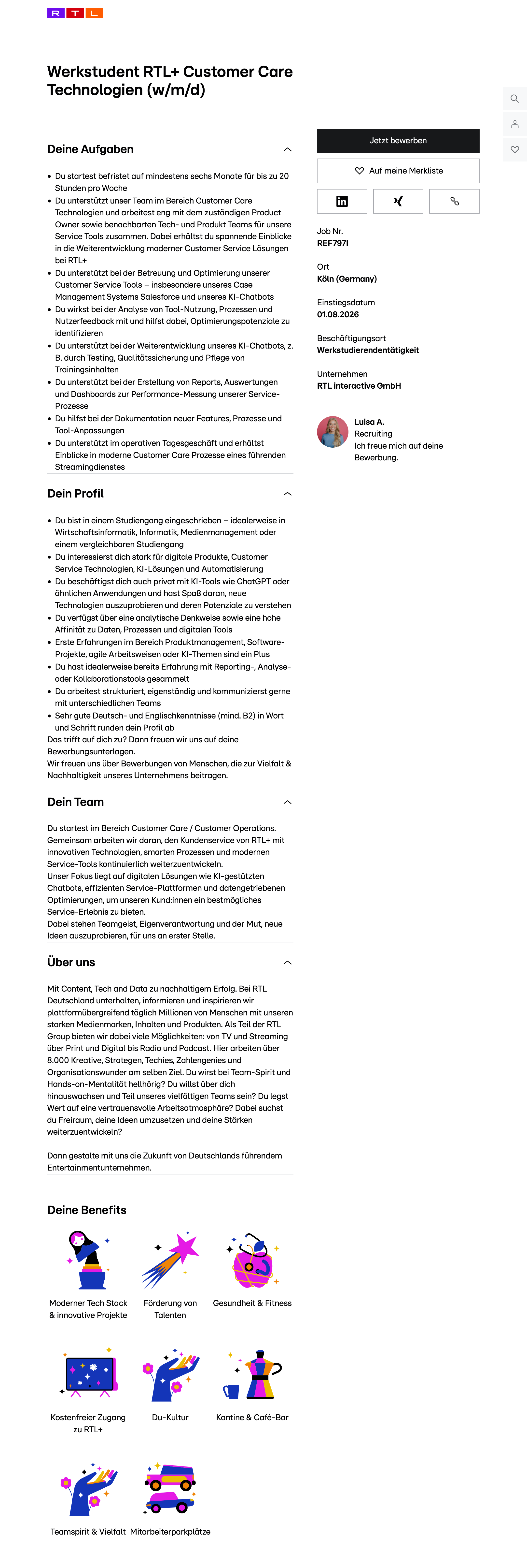 Werkstudent RTL+ Customer Care Technologien (w/m/d)