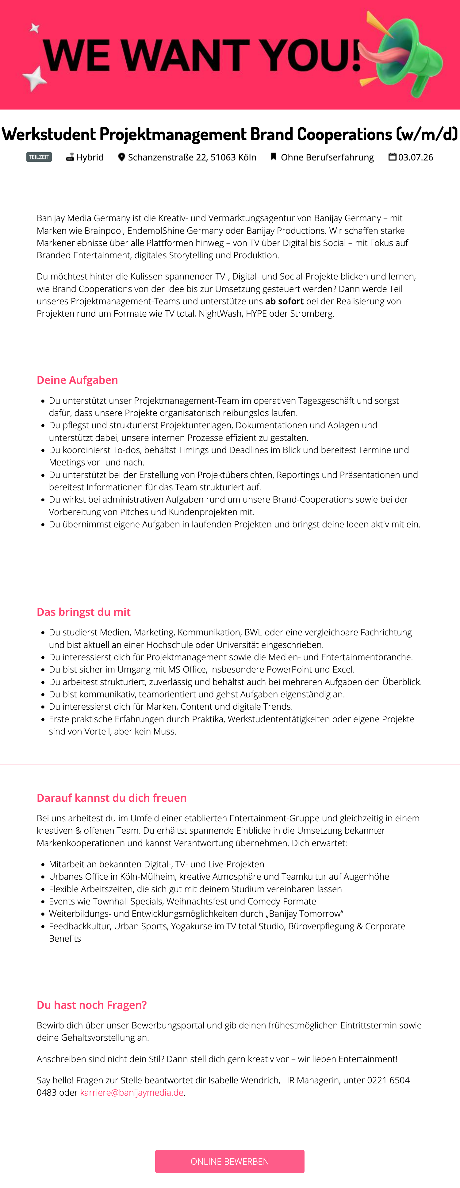 Werkstudent Projektmanagement Brand Cooperations (w/m/d)
