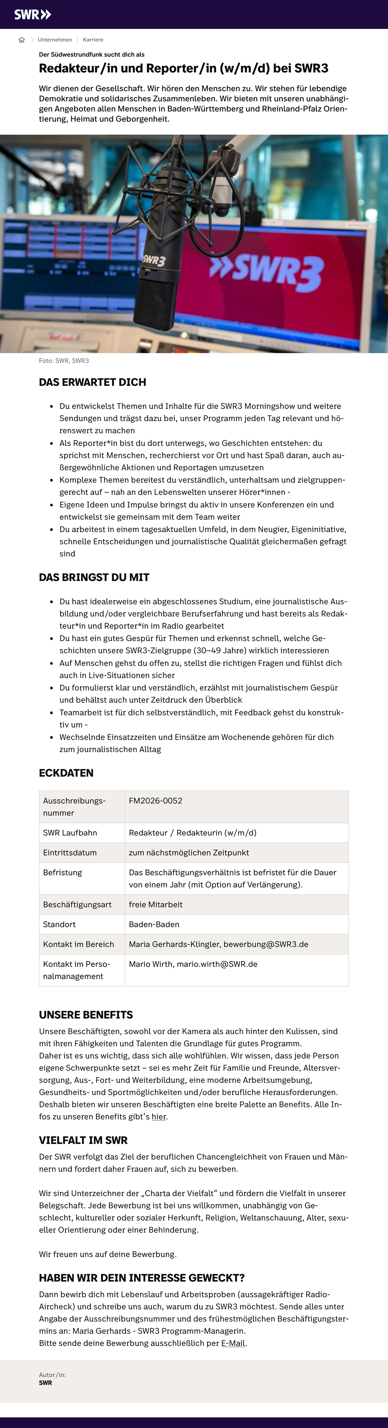 Redakteur/in und Reporter/in (w/m/d) bei SWR3