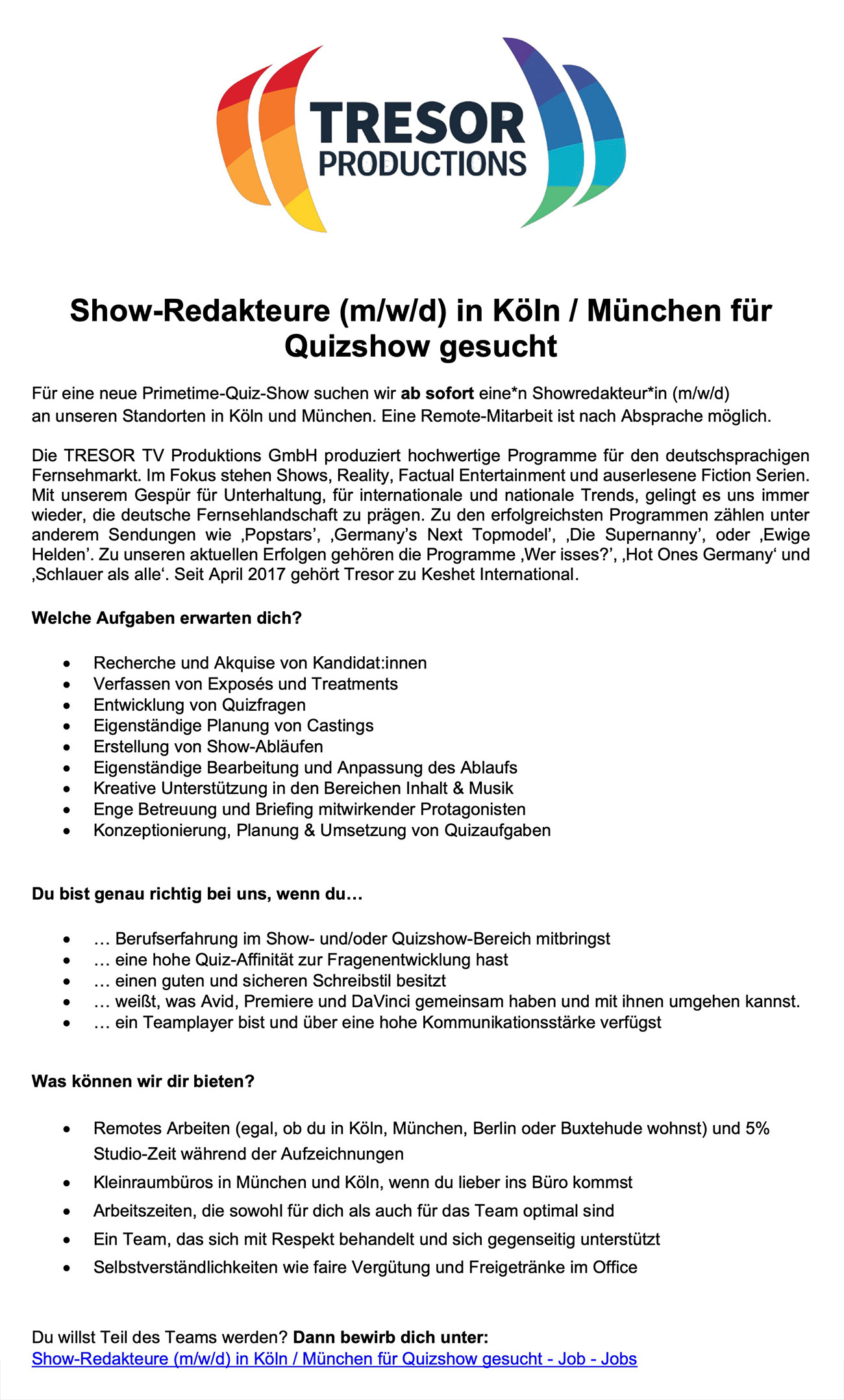 Show-Redakteure (m/w/d) für Quizshow