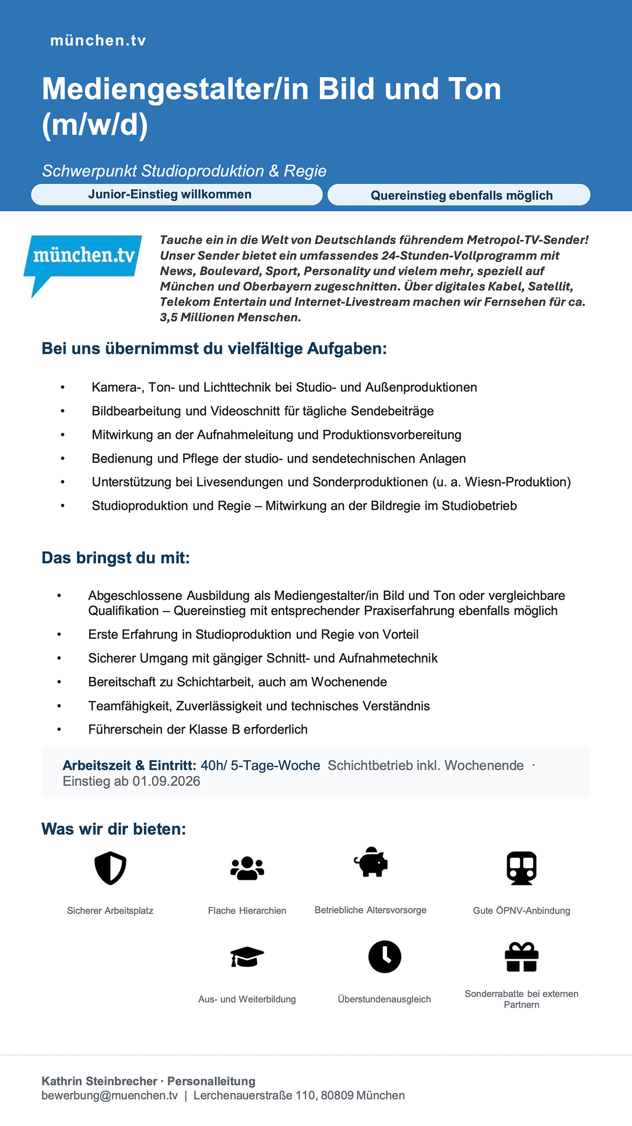 Mediengestalter/in Bild & Ton (m/w/d), Schwerpunkt Studioproduktion & Regie