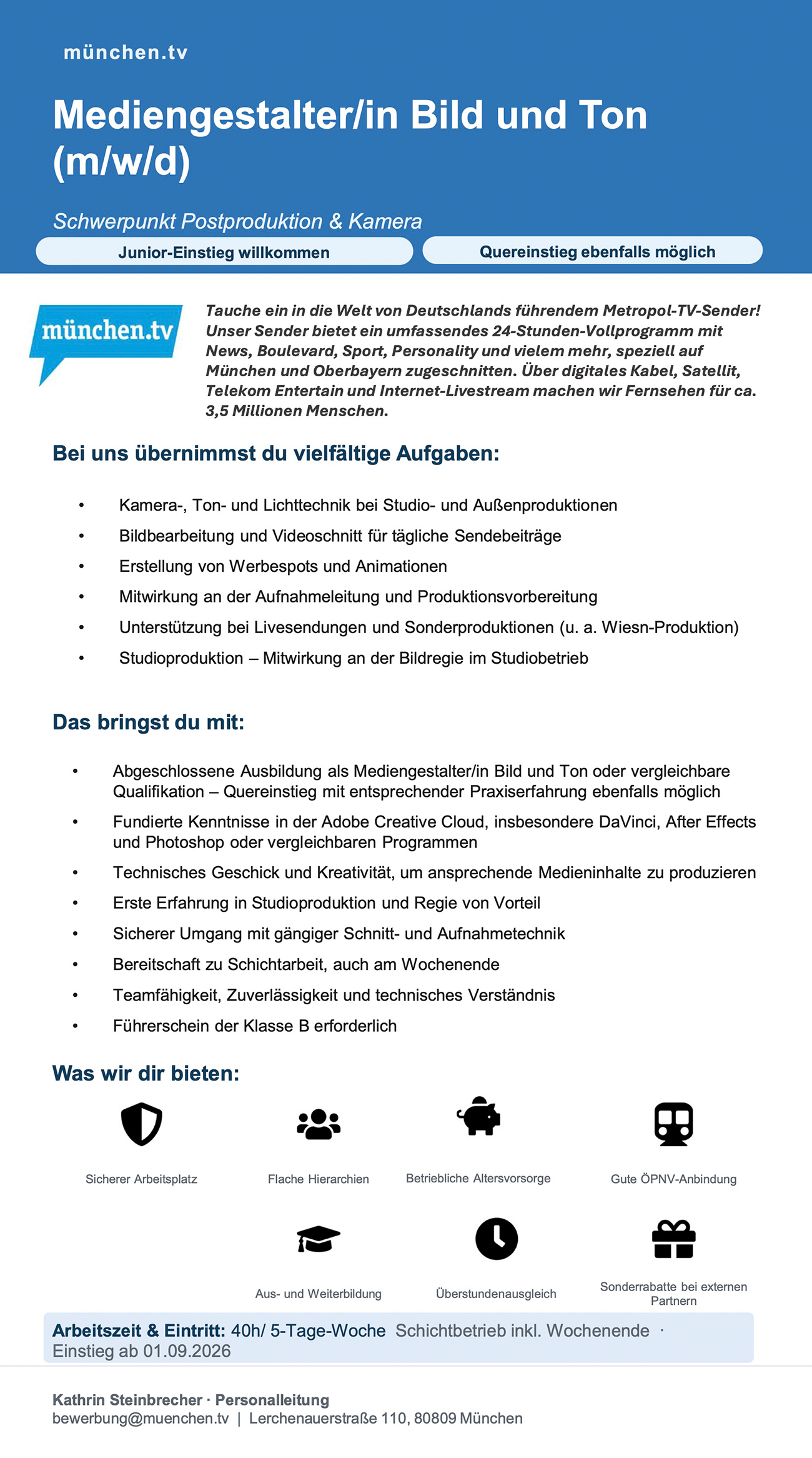 Mediengestalter/in Bild & Ton (m/w/d), Schwerpunkt Postproduktion & Kamera