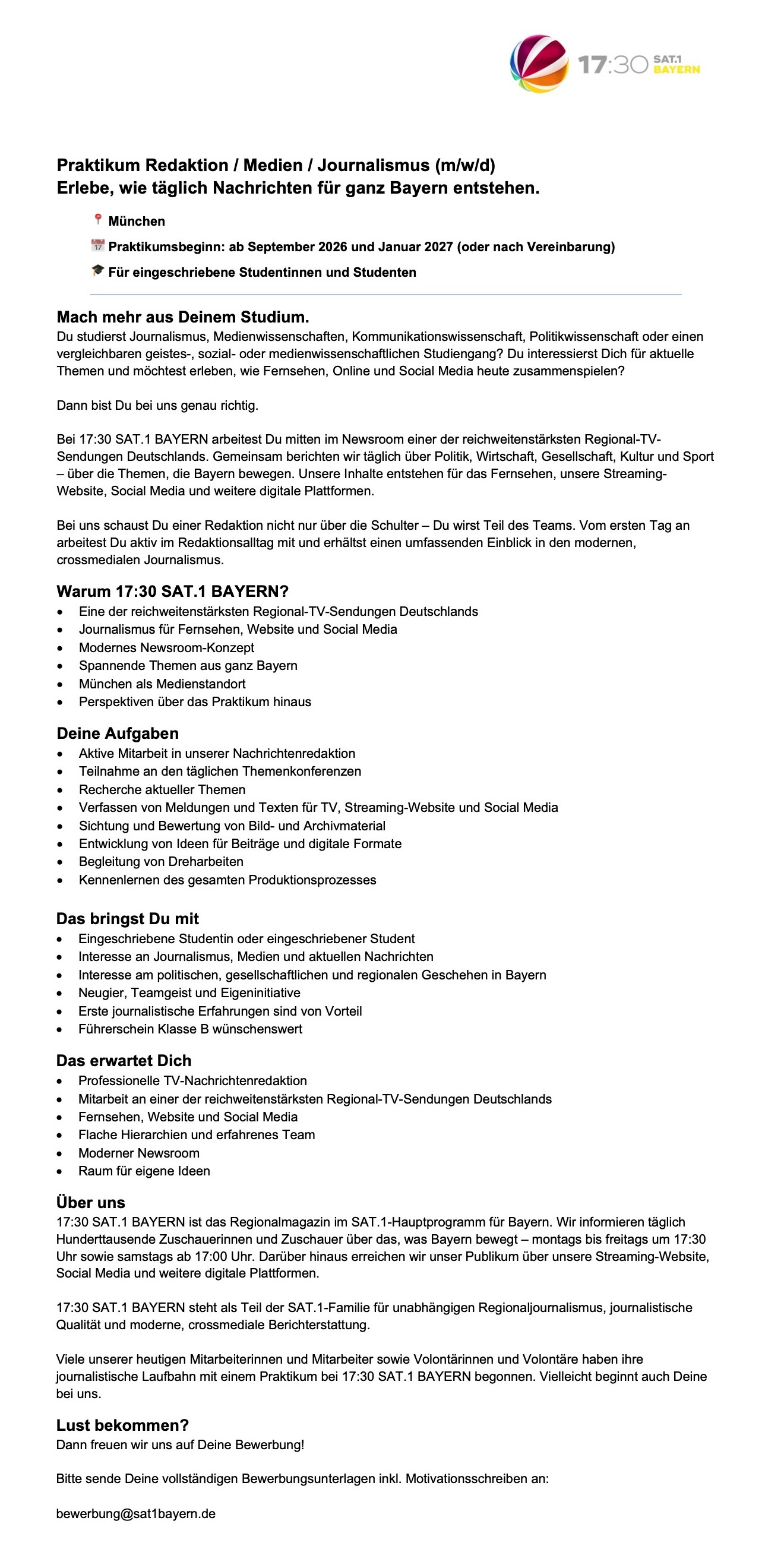 Praktikum Redaktion / Medien / Journalismus 