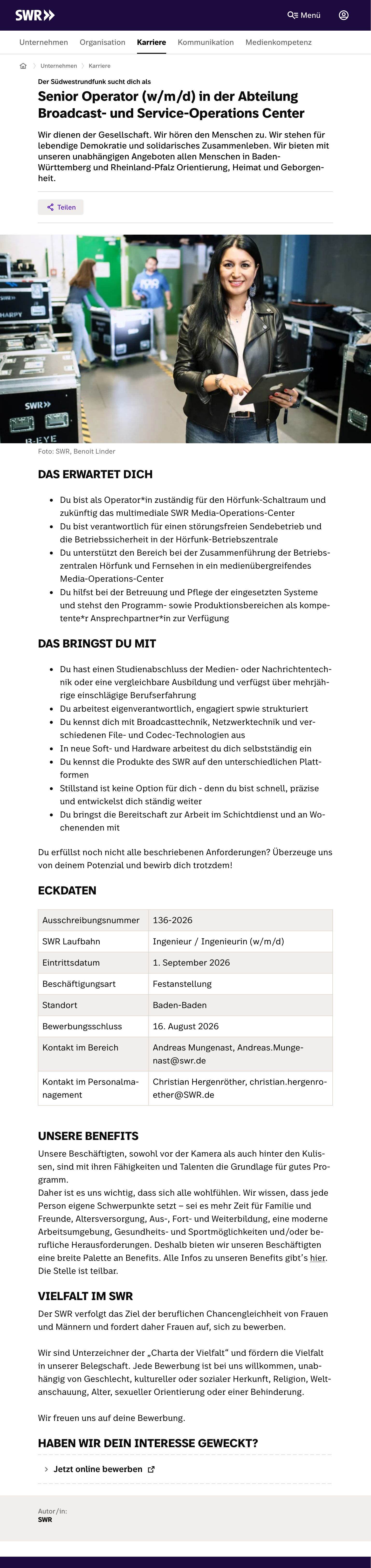 Senior Operator (w/m/d) Abt. Broadcast- und Service-Operations Center