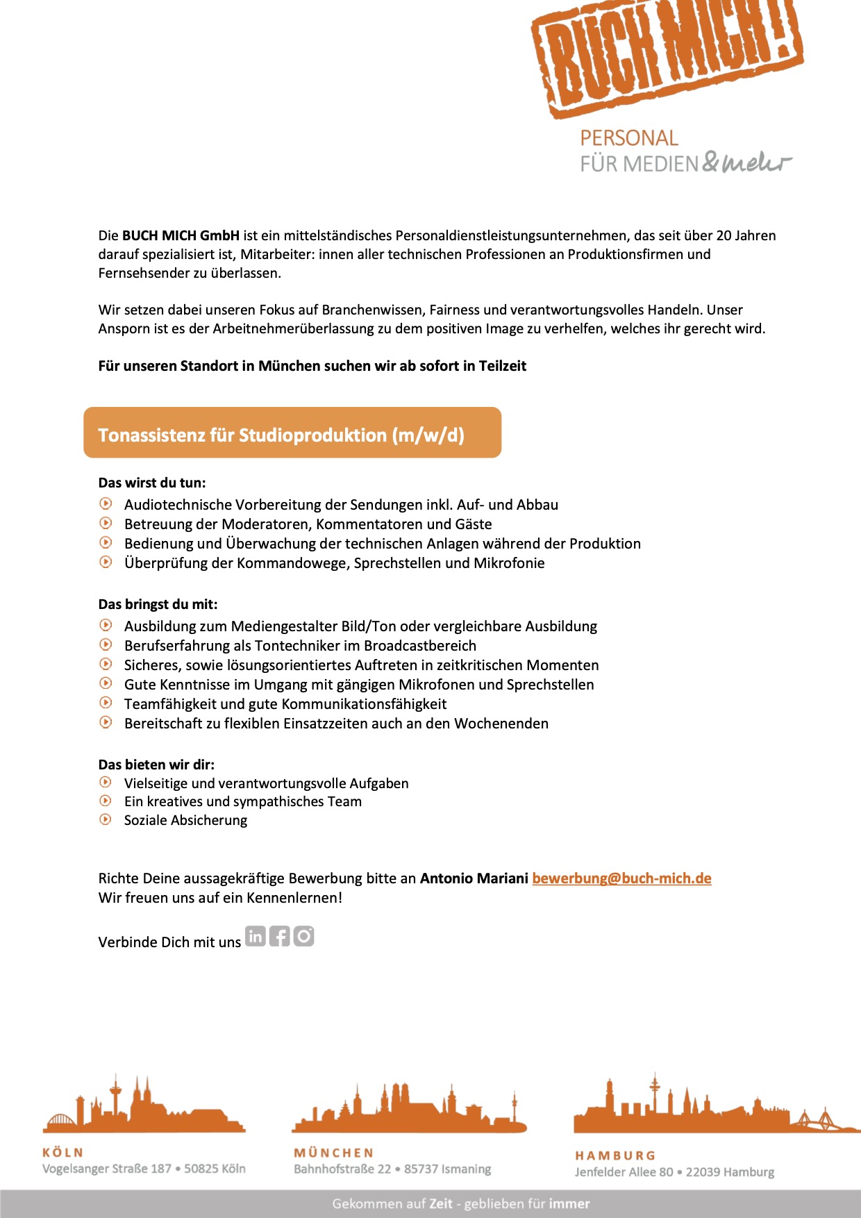 Tonassistenz für Studioproduktion (m/w/d)