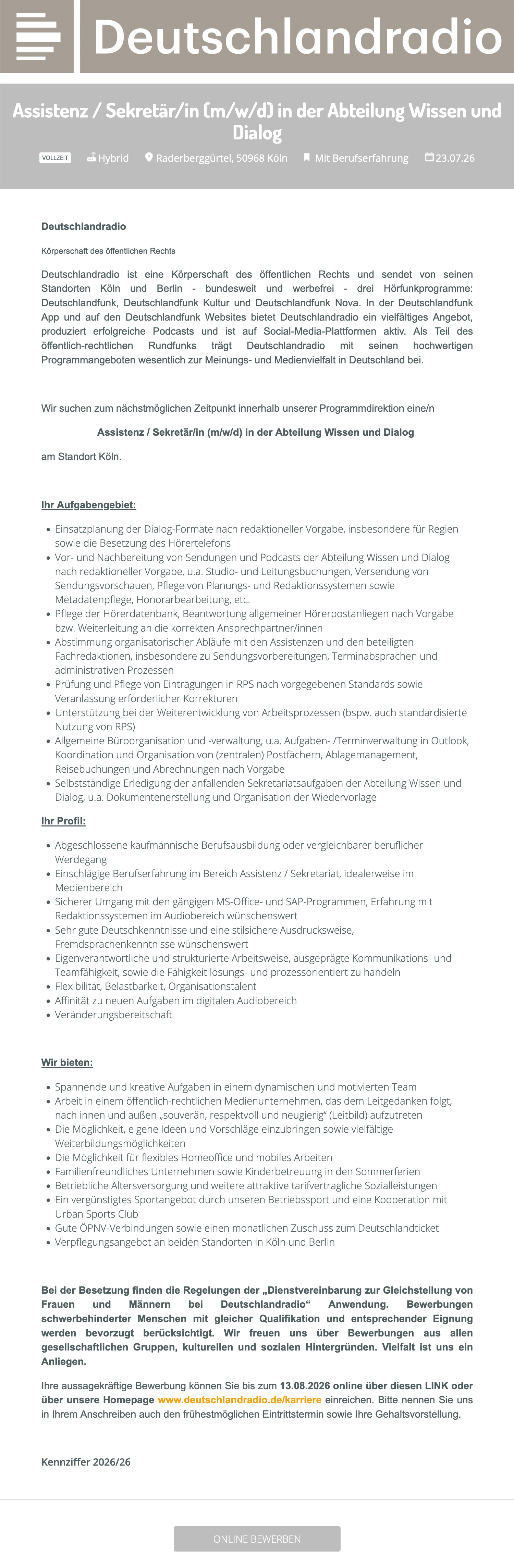Assistenz / Sekretär/in (m/w/d) in der Abteilung Wissen und Dialog