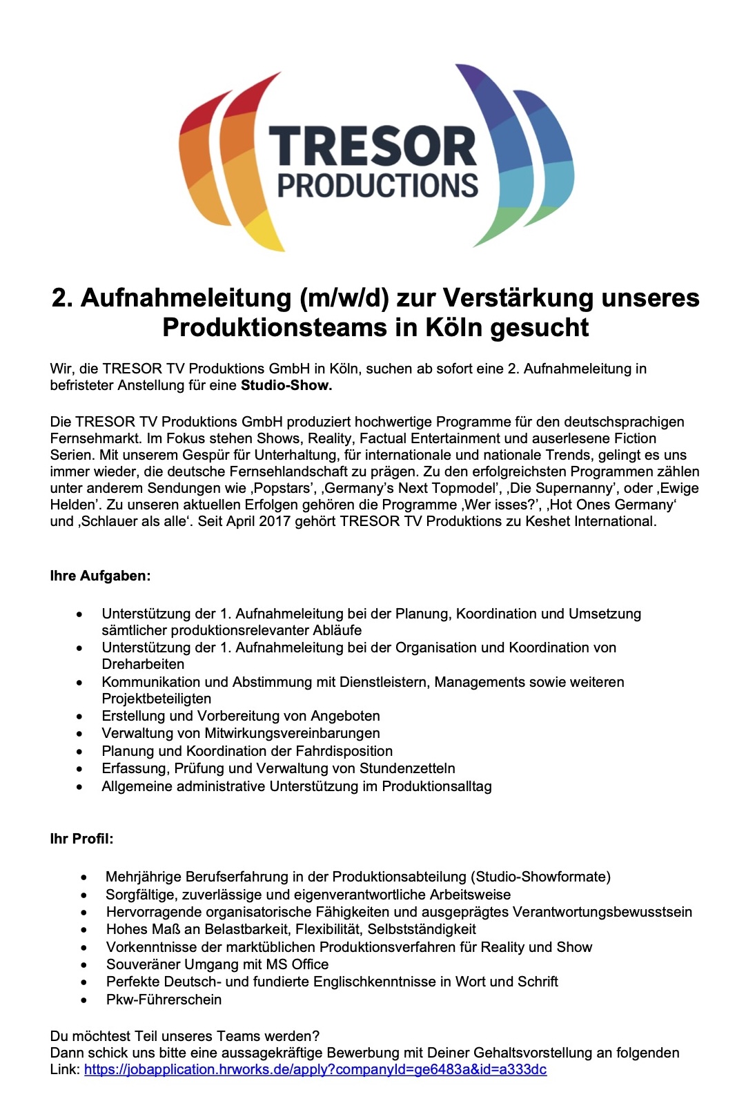 2. Aufnahmeleitung (m/w/d) zur Verstärkung unseres Produktionsteams