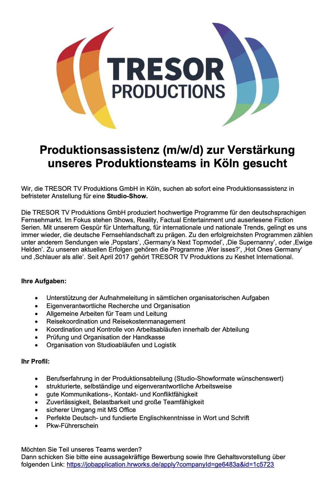 Produktionsassistenz (m/w/d) zur Verstärkung unseres Produktionsteams