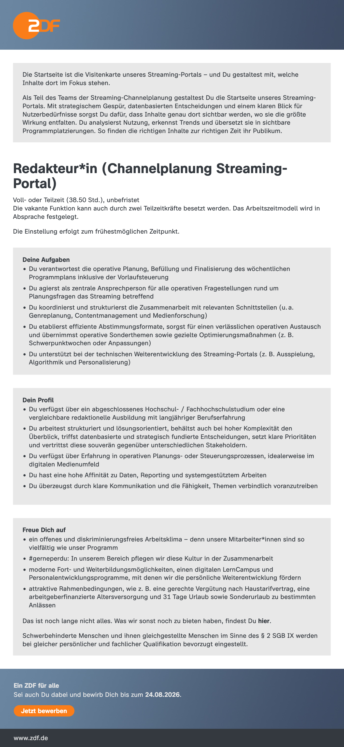Redakteur*in (Channelplanung Streaming-Portal)