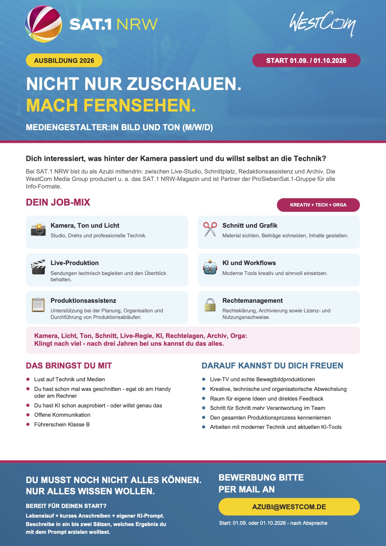 Ausbildung: Mediengestalter:in Bild und Ton (m/w/d)