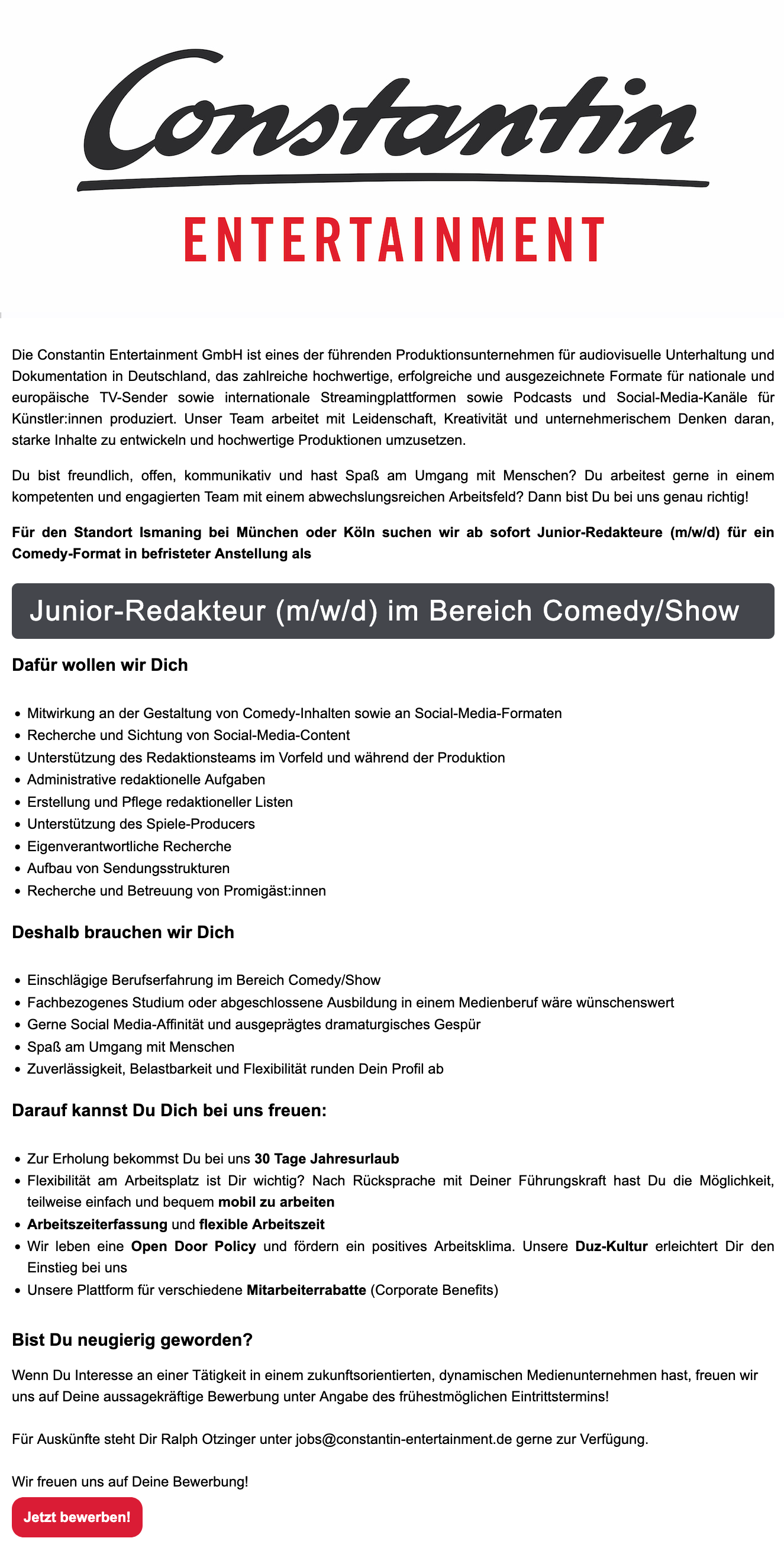 Junior-Redakteur (m/w/d) im Bereich Comedy/Show 