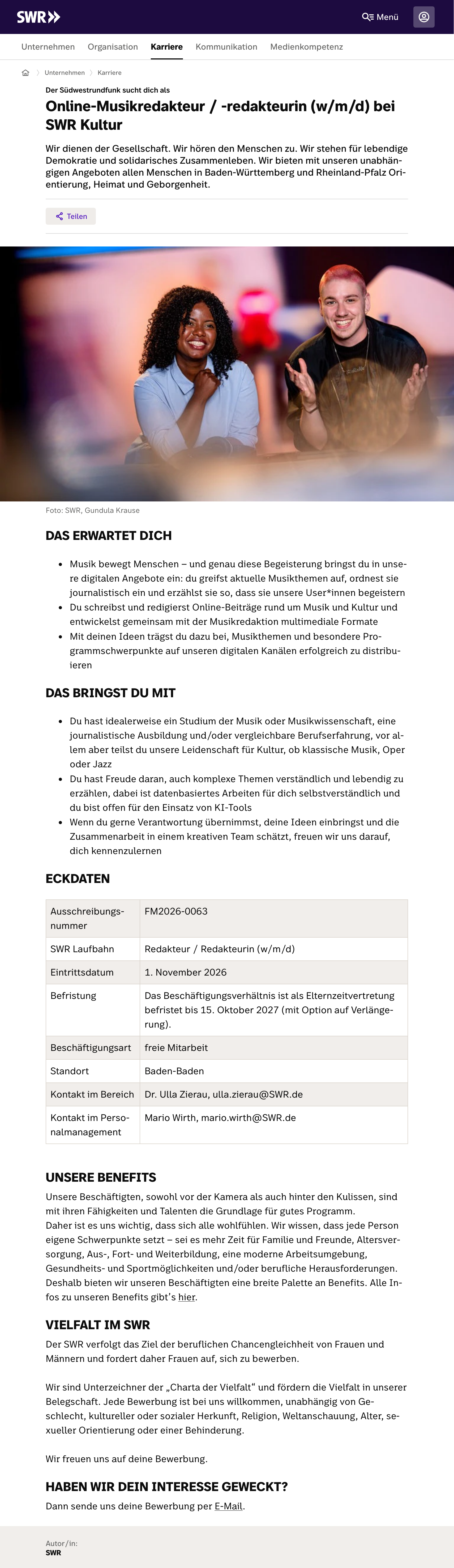 Online-Musikredakteur / -redakteurin (w/m/d) bei SWR Kultur