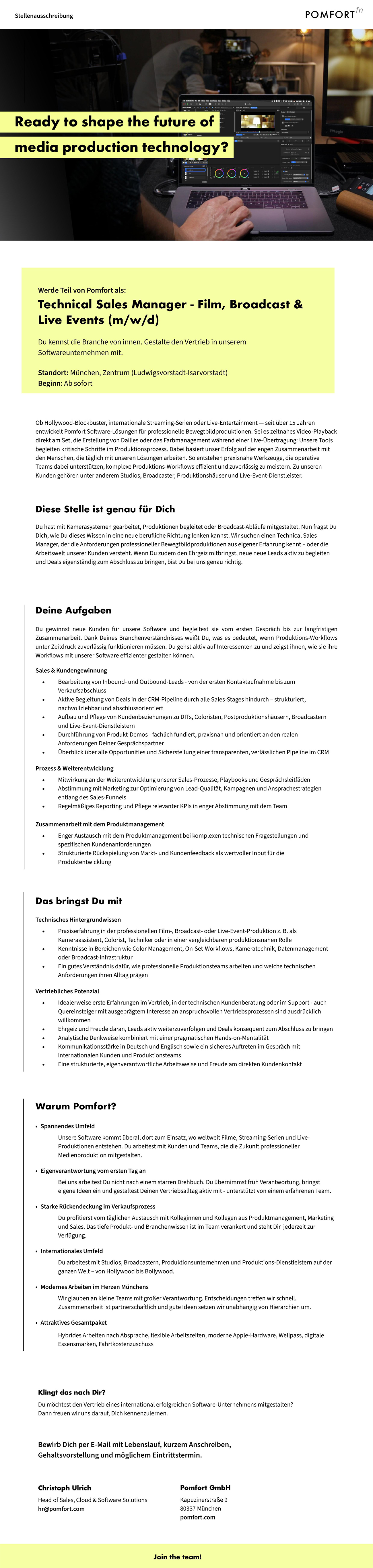 Technical Sales Manager - Film, Broadcast & Live Events (m/w/d)