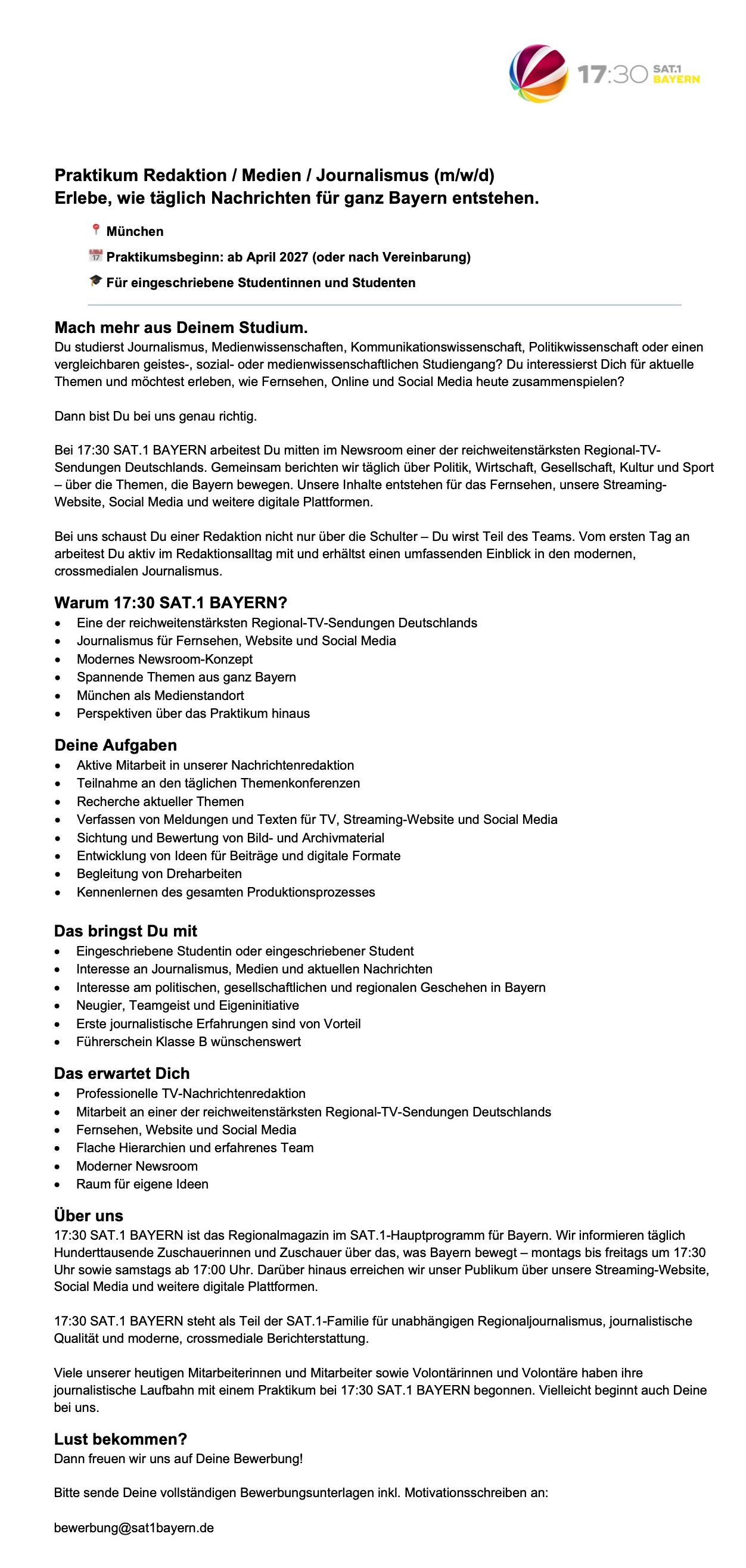 Praktikum Redaktion / Medien / Journalismus
