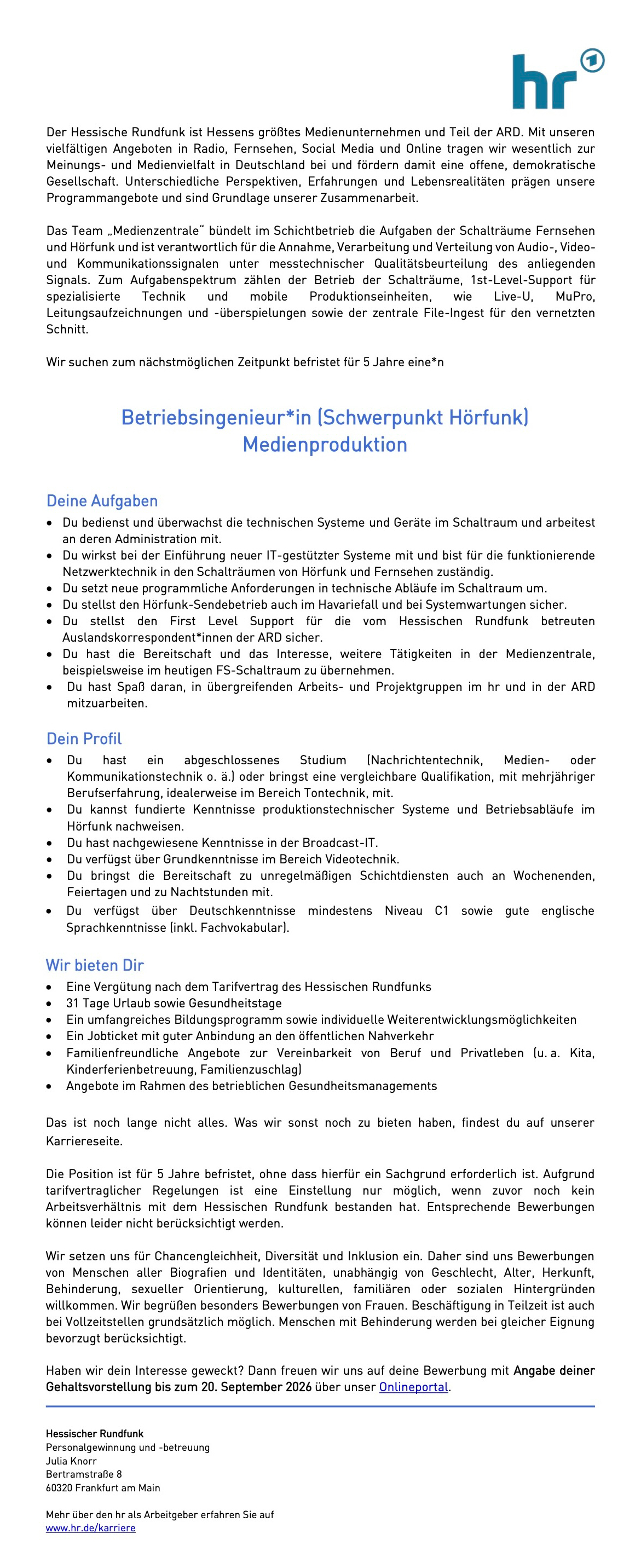 Betriebsingenieur*in (Schwerpunkt Hörfunk) Medienproduktion