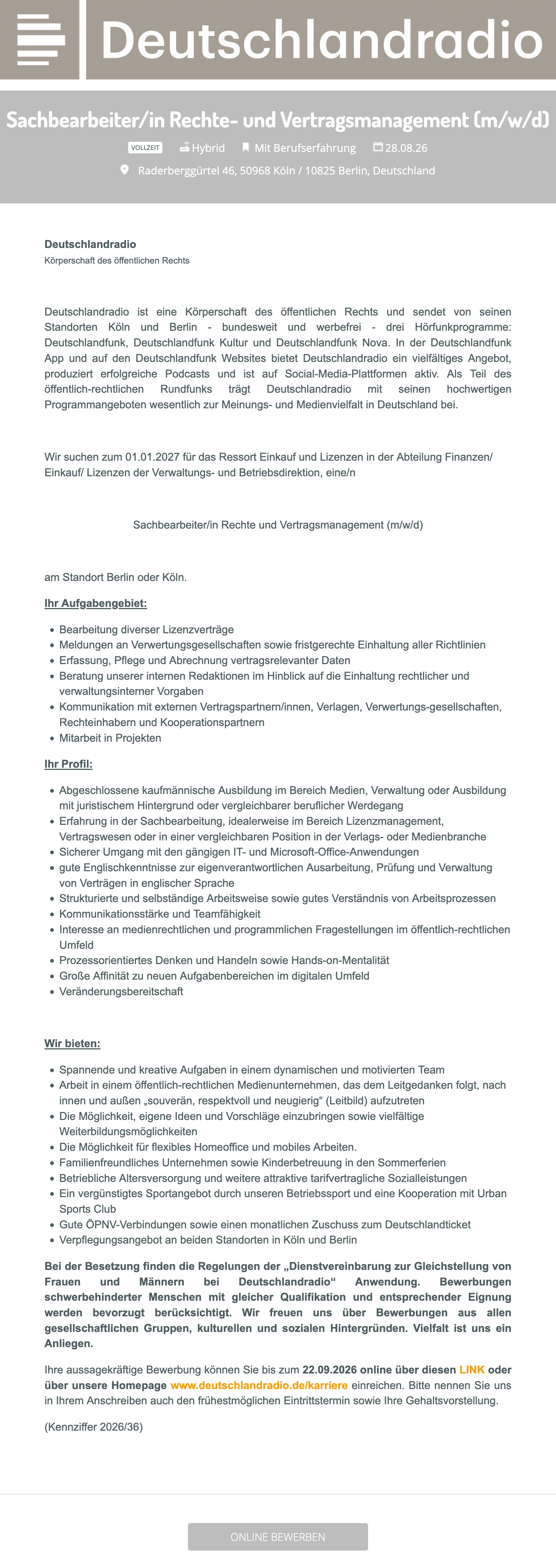Sachbearbeiter/in Rechte- und Vertragsmanagement (m/w/d)