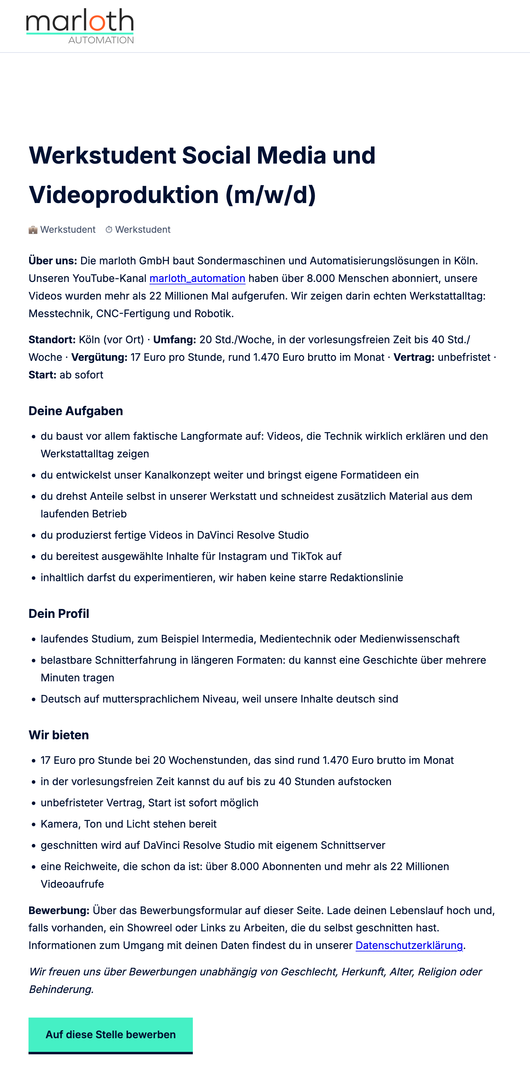 Werkstudent Social Media und Videoproduktion (m/w/d)