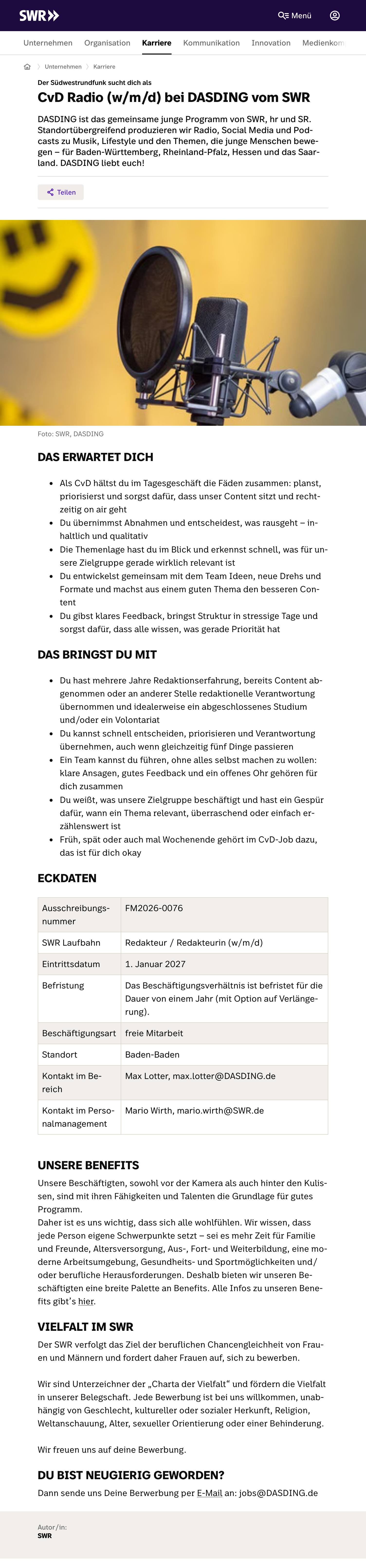 CvD Radio (w/m/d) bei DASDING vom SWR