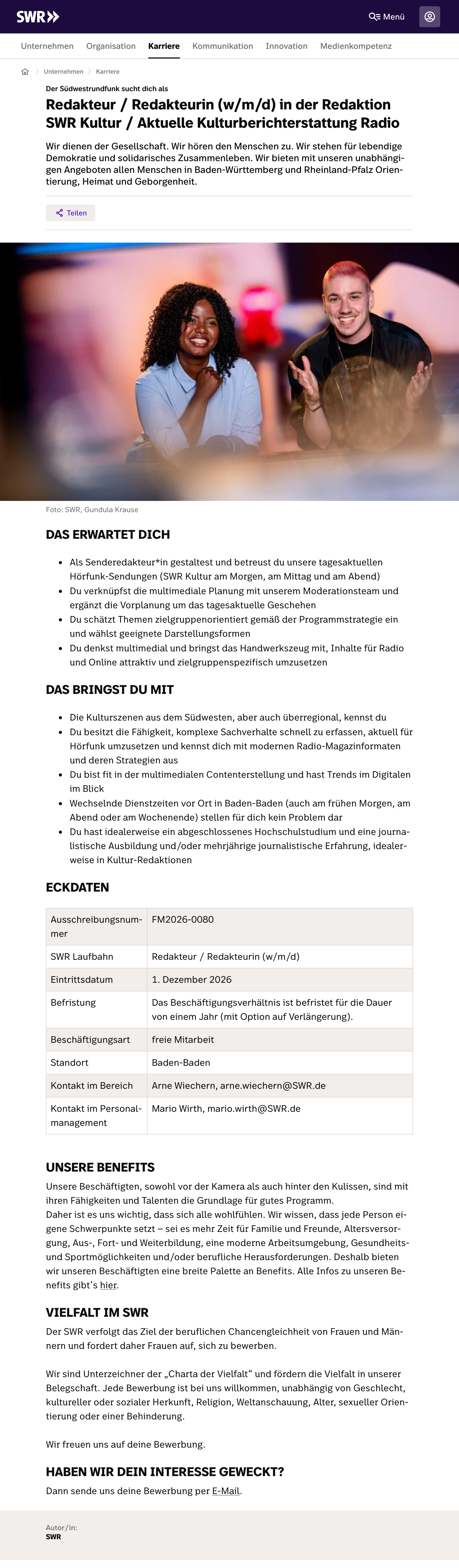 Redakteur / Redakteurin (w/m/d) - Redaktion SWR Kultur / Aktuelle Kulturberichterstattung Radio