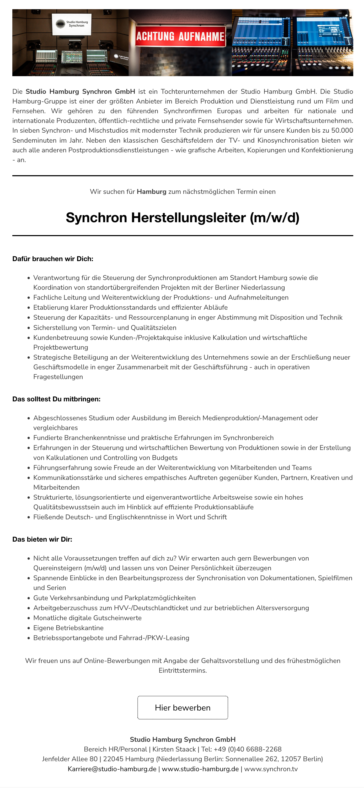 Synchron Herstellungsleiter (m/w/d)