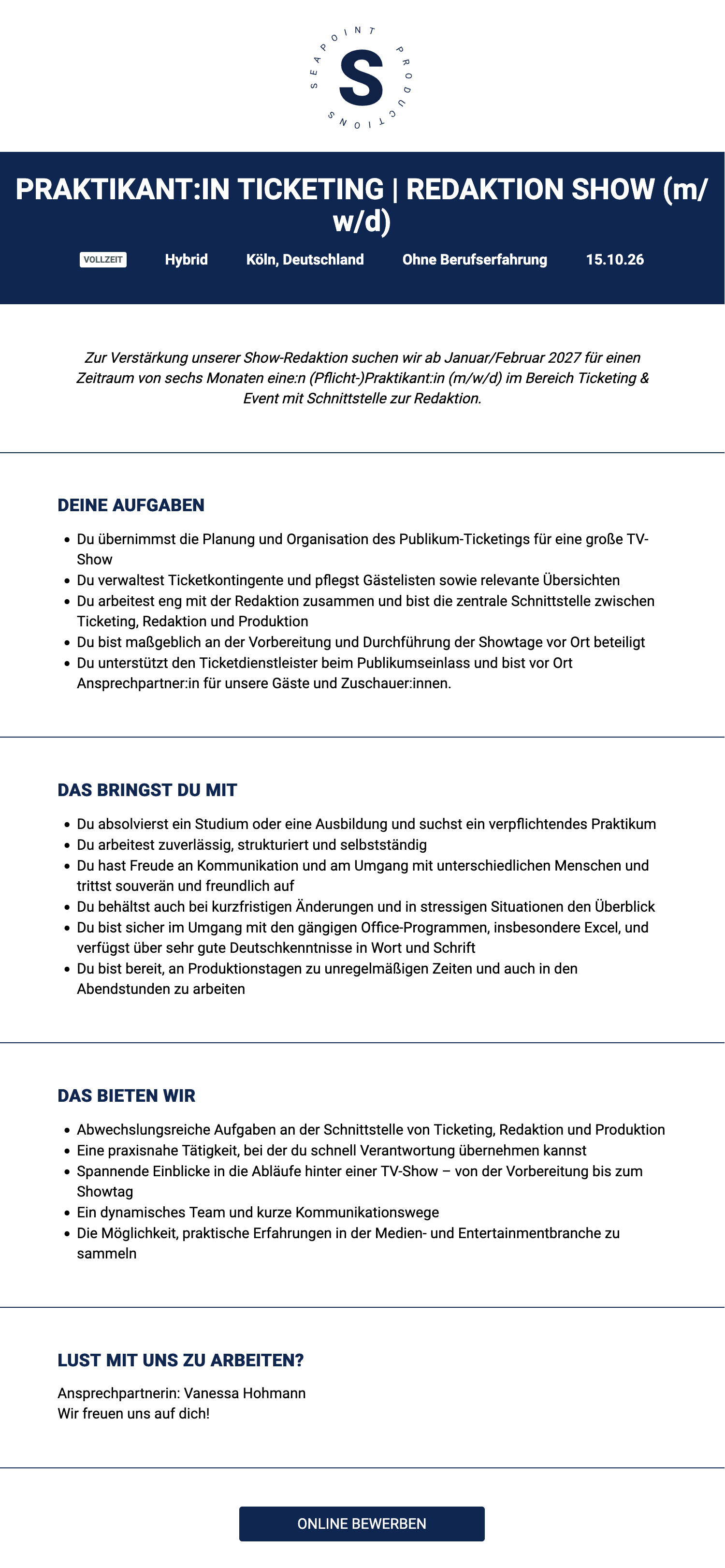 Praktikant:in Ticketing / Redaktion Show (m/w/d)