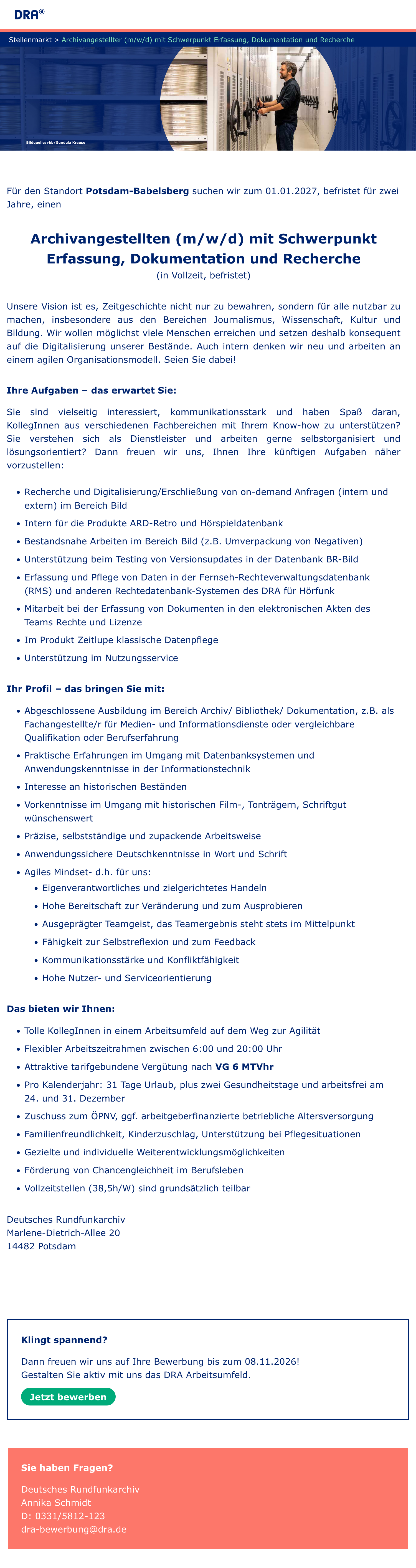 Archivangestellter (m/w/d) mit Schwerp. Erfassung, Dokumentation und Recherche