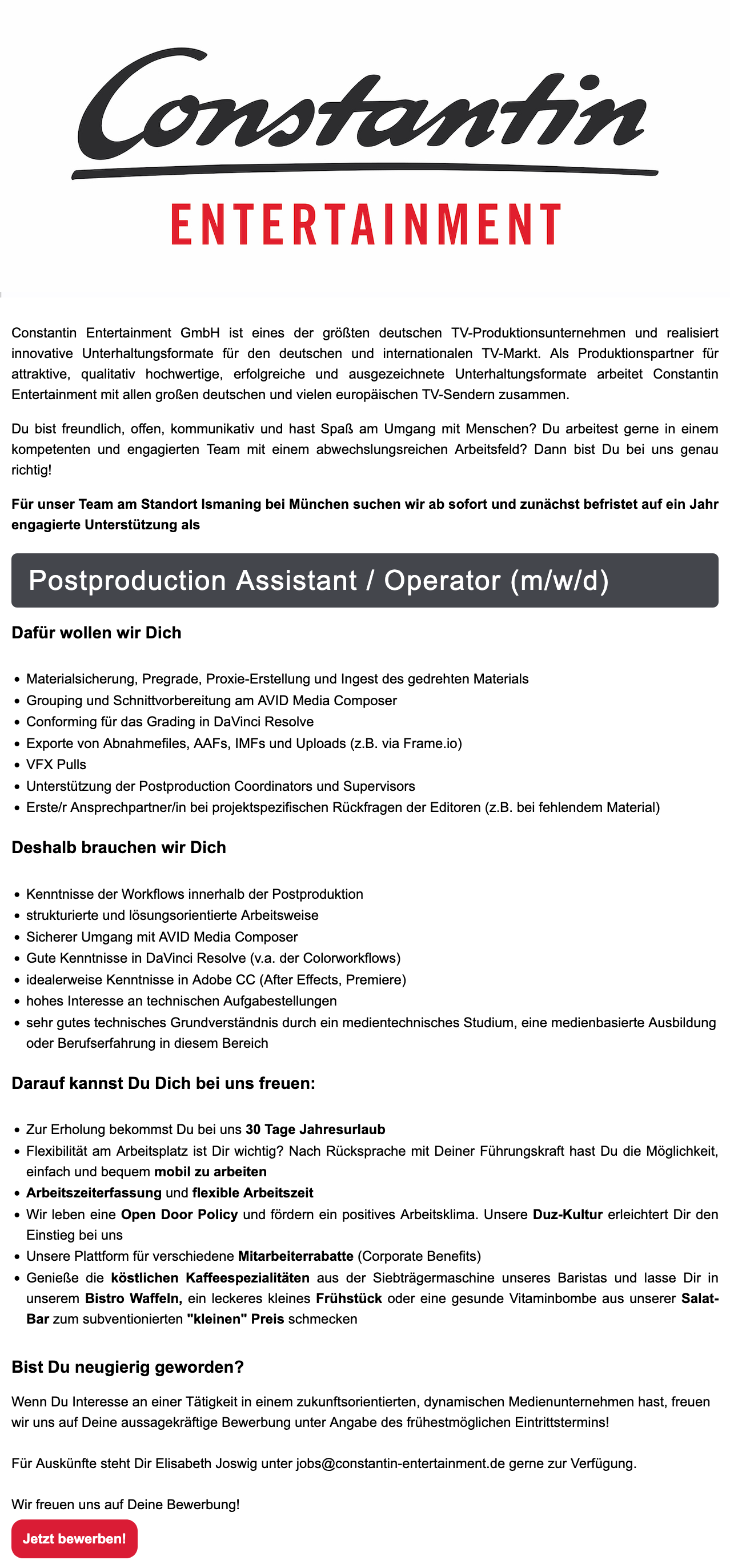 Postproduction Assistant / Operator (m/w/d) 