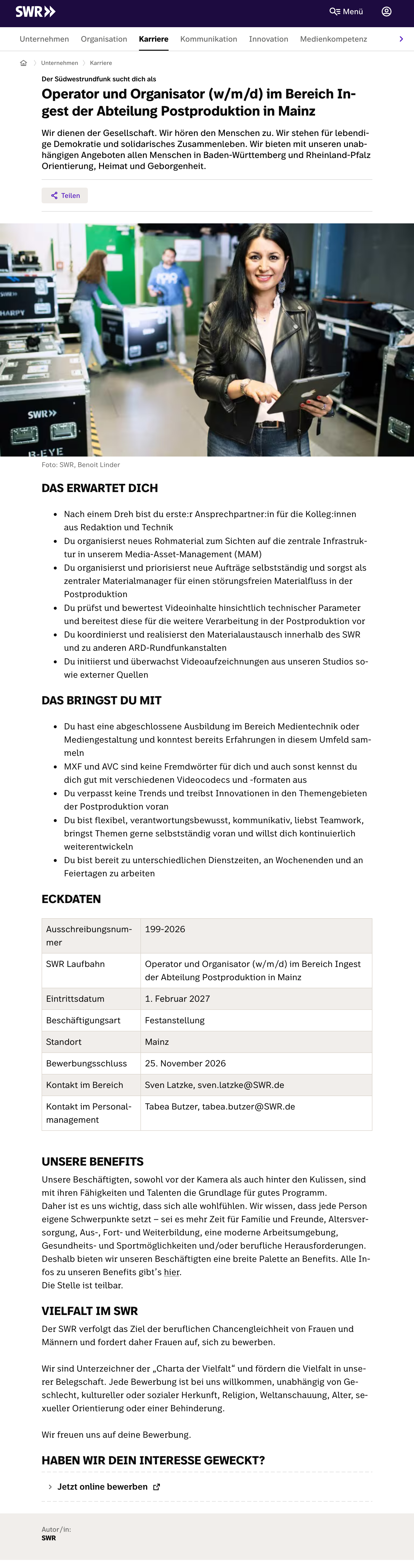 Operator und Organisator (w/m/d) im Bereich Ingest der Abt. Postproduktion